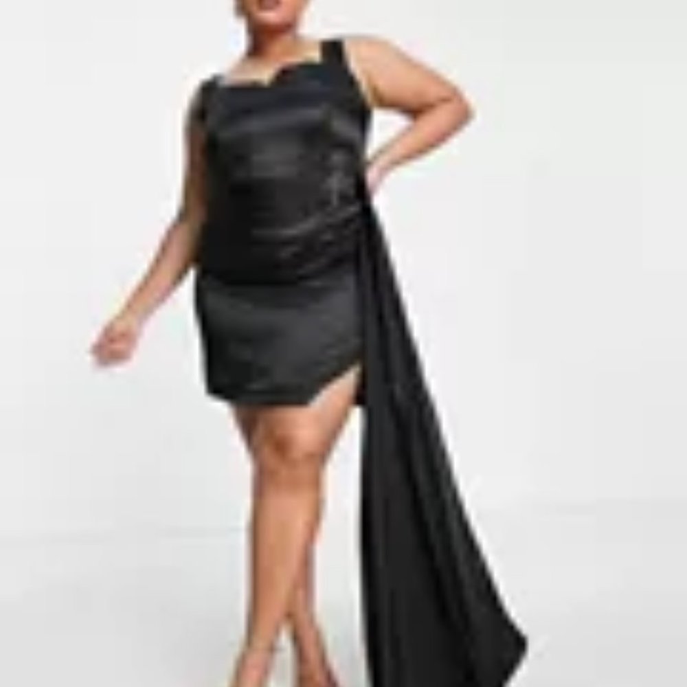 Yaura Plus Satin Mini Dress with Side Train in Black, Size 18 - Picture 4 of 7